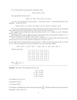 To see how the table was constructed, consider the entry
{2, 6} + {3, 7} = {1, 5}.
Use representatives for the cosets:
{2, 6}