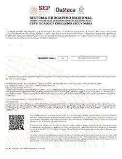 SISTEMA EDUCATIVO NACIONAL
INSTITUTO ESTATAL DE EDUCACIÓN PÚBLICA DE OAXACA
CERTIFICADO DE EDUCACIÓN SECUNDARIA
El Departamen