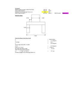 At Support:
Effective depth provided =(1500-75-25-25/2)
1387.50
mm
Area of steel required =
1805.54
sqmm
Diameter of bar prov