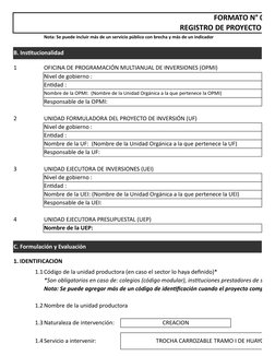 FORMATO N° 07-A
REGISTRO DE PROYECTO DE I
Nota: Se puede incluir más de un servicio público con brecha y más de un indicador