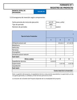 FORMATO N° 07-A
REGISTRO DE PROYECTO DE I
           535,461.93    
5.3Cronograma de inversión según componentes
Fecha previs
