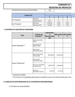 FORMATO N° 07-A
REGISTRO DE PROYECTO DE I
Horizonte de funcionamiento (años)
10
Costos (S/)
1
2
3
Sin Proyecto
Operación
0
0