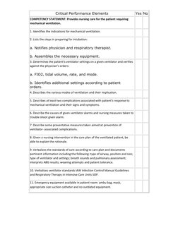 Critical Performance Elements 
Yes No 
COMPETENCY STATEMENT: Provides nursing care for the patient requiring 
mechanical ve