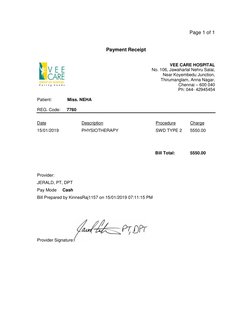 Page 1 of 1 
 
 
Payment Receipt 
 
 
VEE CARE HOSPITAL 
 No. 106, Jawaharlal Nehru Salai, 
Near Koyembedu Junction, 
Thiruma