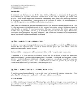 REGLAMENTO - GRUPO DE ALABANZA 
IGLESIA CRISTINA BERACA  
ASAMBLEAS DE DIOS  
Introducción 
El ministerio de Alabanza es uno