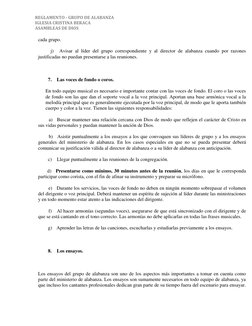 REGLAMENTO - GRUPO DE ALABANZA 
IGLESIA CRISTINA BERACA  
ASAMBLEAS DE DIOS  
cada grupo. 
        j)        Avisar al líder