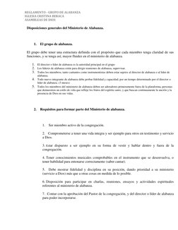 REGLAMENTO - GRUPO DE ALABANZA 
IGLESIA CRISTINA BERACA  
ASAMBLEAS DE DIOS  
Disposiciones generales del Ministerio de Alaba