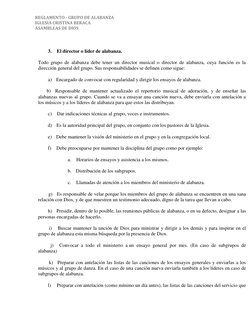 REGLAMENTO - GRUPO DE ALABANZA 
IGLESIA CRISTINA BERACA  
ASAMBLEAS DE DIOS  
  
        3.       El director o líder de alab