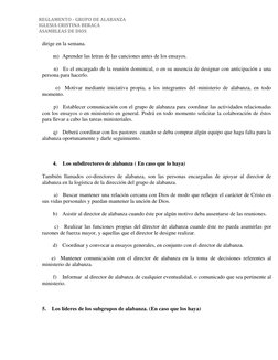 REGLAMENTO - GRUPO DE ALABANZA 
IGLESIA CRISTINA BERACA  
ASAMBLEAS DE DIOS  
dirige en la semana. 
        m)    Aprender la