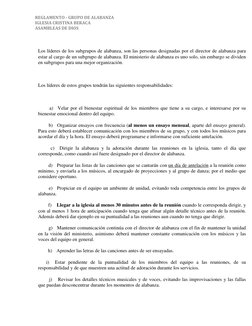 REGLAMENTO - GRUPO DE ALABANZA 
IGLESIA CRISTINA BERACA  
ASAMBLEAS DE DIOS  
  
Los líderes de los subgrupos de alabanza, so