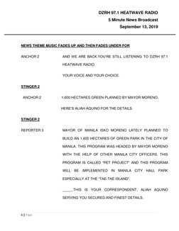 DZRH 97.1 HEATWAVE RADIO  
5 Minute News Broadcast 
September 13, 2019 
  
 
 
6 | Page 
 
NEWS THEME MUSIC FADES UP AND THEN