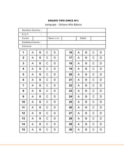 ENSAYO TIPO SIMCE Nº1
Lenguaje – Octavo Año Básico
Nombre Alumno :
R.U.T.
:
Curso:
Sexo (F/M):
Edad:
Establecimiento :
Comuna