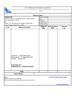 Delivery Challan No. 
Date
Lorry No.
Container No.
Weight in MTS
Transport Name
Weight in
Basic Rate Per
Amount
MTS
MTS 
Rs.
