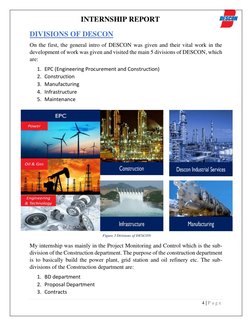 INTERNSHIP REPORT 
 
4 | P a g e  
 
DIVISIONS OF DESCON 
On the first, the general intro of DESCON was given and their vital