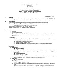 DIGOS CITY NATIONAL HIGH SCHOOL 
DIGOS CITY 
SY 2019-2020 
 
LESSON PLAN in English 9 
A Journey Through Anglo- American Lite