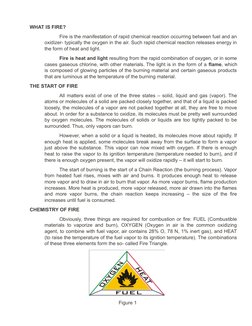 WHAT IS FIRE? 
Fire is the manifestation of rapid chemical reaction occurring between fuel and an
oxidizer- typically the oxy