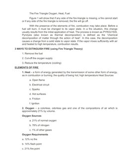 The Fire Triangle Oxygen, Heat, Fuel 
Figure 1 will show that if any side of the fire triangle is missing, a fire cannot star