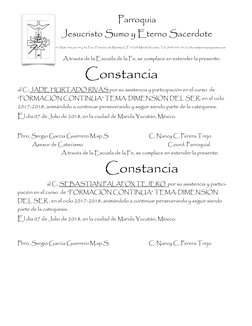 A través de la Escuela de la Fe, se complace en extender la presente: 
 
Constancia     
al C: JADE HURTADO RIVAS por su