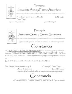 Pbro. Sergio Garcia Guerrero M.sp.S. 
 
 
C. Nancy C. 
Perera Trejo 
 
Asesor de Catecismo 
 
 
 
 
    Coord. Parroquial