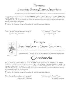 cia y participación en el curso  de “FORMACIÓN CONTINUA” TEMA: DIMEN-
SION DEL SER , en el ciclo 2017-2018, animándolo a