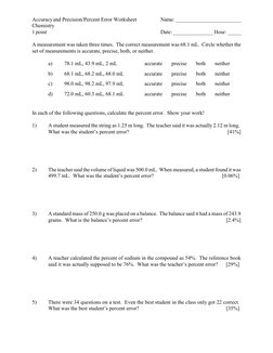 Accuracy and Precision/Percent Error Worksheet
Name: _________________________
Chemistry
1 point
Date: _______________ Hour: