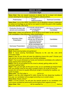 EMCEES’ SCRIPT
Coronation Night
Voice Over: May we request everyone to please rise for a prayer and please
remain standing fo