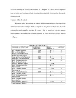 colectores. El rango de dosificación está entre 20 – 160 g/ton. El xantato amílico de potasio 
es el preferido para la recupe
