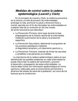 Medidas de control sobre la cadena 
epidemiológica (Leavell y Clark) 
En el concepto de Leavell y Clark, la medicina preventi