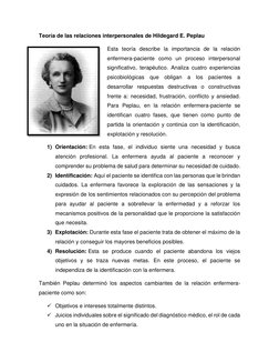 Teoría de las relaciones interpersonales de Hildegard E. Peplau 
Esta teoría describe la importancia de la relación 
enfermer