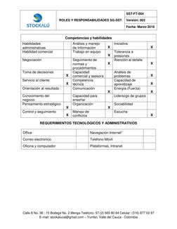 ROLES Y RESPONSABILIDADES SG-SST 
SST-FT-004 
Versión: 002 
Fecha: Marzo 2019 
 
 
 
 
 
 
Calle 8 No. 36 - 15 Bodega No. 2