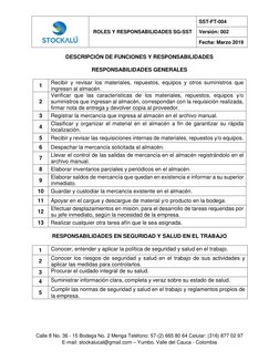 ROLES Y RESPONSABILIDADES SG-SST 
SST-FT-004 
Versión: 002 
Fecha: Marzo 2019 
 
 
 
 
 
 
Calle 8 No. 36 - 15 Bodega No. 2