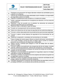 ROLES Y RESPONSABILIDADES SG-SST 
SST-FT-004 
Versión: 002 
Fecha: Marzo 2019 
 
 
 
 
 
 
Calle 8 No. 36 - 15 Bodega No. 2