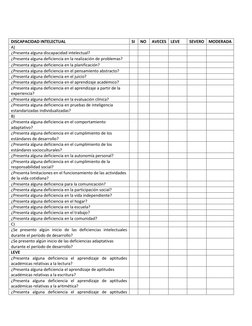 DISCAPACIDAD INTELECTUAL 
SI 
NO 
AVECES LEVE 
SEVERO MODERADA 
A) 
 
 
 
 
 
 
¿Presenta alguna discapacidad intelectual?