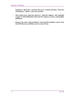 Summary of Changes 
iv 
JP 3-09 
designator,’ ‘phase line’, ‘restrictive fire area,’ ‘restrictive fire line,’ ‘shore fire 
co