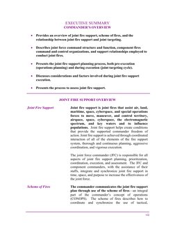 vii 
EXECUTIVE SUMMARY 
COMMANDER’S OVERVIEW 
 
 Provides an overview of joint fire support, scheme of fires, and the 
relat