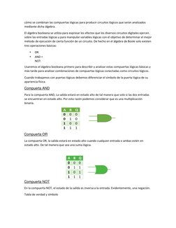 cómo se combinan las compuertas lógicas para producir circuitos lógicos que serán analizados 
mediante dicha álgebra.  
El ál