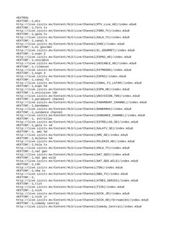#EXTM3U
#EXTINF:-1,mtv
http://live.izzitv.mx/Content/HLS/Live/Channel(MTV_Live_HD)/index.m3u8
#EXTINF:-1,foro tv
http://live.