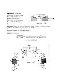 Example 2: A 2000 kg 
block is to be raised using 
two similar wedges as 
shown in fig. E2 (a). 
Determine force P requir