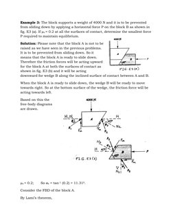 Example 3: The block supports a weight of 4000 N and it is to be prevented 
from sliding down by applying a horizontal force