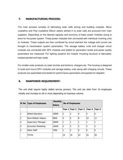 7.  
MANUFACTURING PROCESS: 
 
The main process consists of fabricating solar cells joining and building modules. Mono 
cry