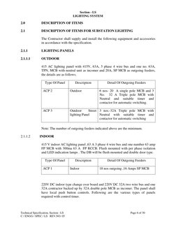 Section - LS 
LIGHTING SYSTEM  
2.0 
DESCRIPTION OF ITEMS  
 
2.1 
DESCRIPTION OF ITEMS FOR SUBSTATION LIGHTING 
 
 
The Cont