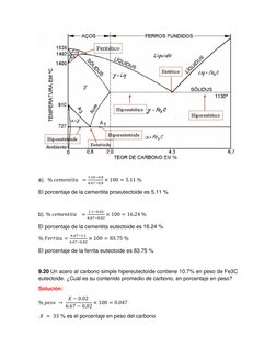 a).  % 𝑐𝑒𝑚𝑒𝑛𝑡𝑖𝑡𝑎   =
1.10−0.8
6.67−0,8 × 100 = 5.11 % 
El porcentaje de la cementita proeutectoide es 5.11 % 
 
b). 