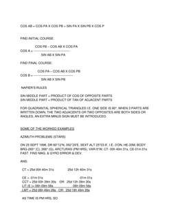 COS AB = COS PA X COS PB + SIN PA X SIN PB X COS P 
 
 
FIND INITIAL COURSE: 
 
                 COS PB – COS AB X COS PA