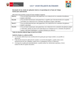 I.E.P. “JUAN VELAZCO ALVARADO 
Descripción de los niveles de aplicación inicial en el aprendizaje de la Pauta de Trabajo 
Com