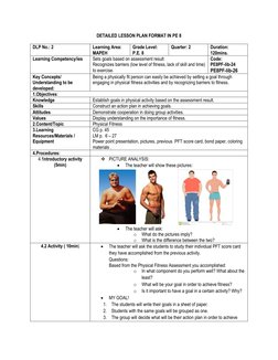 Grade 8 PE Detailed Lesson Plan | PDF | Physical Education | Lesson Plan