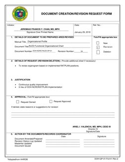 DOCUMENT CREATION/REVISION REQUEST FORM 
 
*Adoptedfrom HHRDB 
 
                     
DOH-QP-01-Form1 Rev.2   
 
Initiator