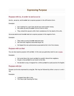 Expressing Purpose
Purpose with to, in order to and so as to
Use to , so as to, and in order to to express purpose in the aff