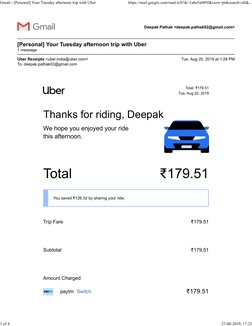 Total: ₹179.51
Tue, Aug 20, 2019
We hope you enjoyed your ride
this afternoon.
Thanks for riding, Deepak
paytm Switch
Deepak