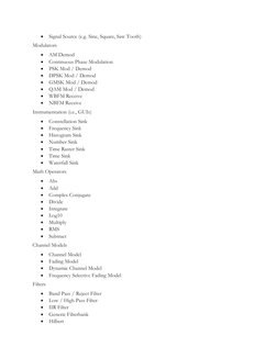  Signal Source (e.g. Sine, Square, Saw Tooth) 
Modulators 
 AM Demod 
 Continuous Phase Modulation 
 PSK Mod / Demod 
 D