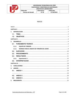 UNIVERSIDAD TECNOLÓGICA DEL PERÚ 
ELASTICIDAD Y RESISTENCIA DE MATERIALES 
ENSAYOS DE LABORATORIO 
Elaborado 
Checya ala Ro